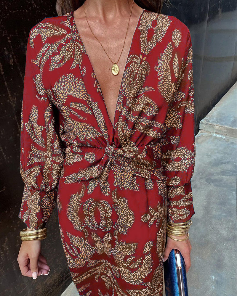 Eleanora™ Vintage V-Neck Long-Sleeve Dress