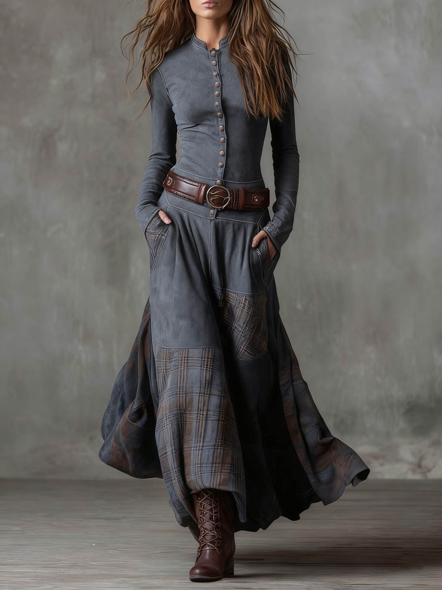 Natasha™ Vintage Plaid Suede Maxi Dress